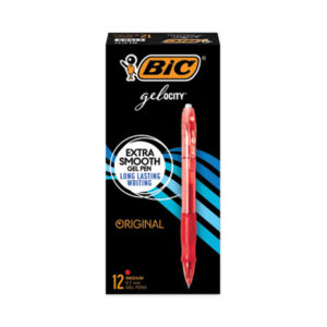 BIC; Medium Point; Pen; Pens; Red Ink; Retractable; Roller Ball; Roller Ball Pens; Gelocity Gel; Writing; Instruments; Utensils; Inkers; Schools; Education; Students