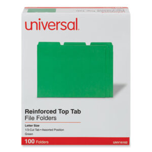 (UNV16162)UNV 16162 – Reinforced Top-Tab File Folders, 1/3-Cut Tabs: Assorted, Letter Size, 1" Expansion, Green, 100/Box by UNIVERSAL OFFICE PRODUCTS (100/BX)