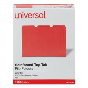 (UNV16163)UNV 16163 – Reinforced Top-Tab File Folders, 1/3-Cut Tabs: Assorted, Letter Size, 1" Expansion, Red, 100/Box by UNIVERSAL OFFICE PRODUCTS (100/BX)