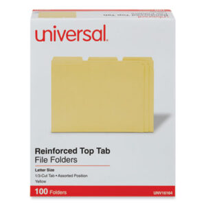 (UNV16164)UNV 16164 – Reinforced Top-Tab File Folders, 1/3-Cut Tabs: Assorted, Letter Size, 1" Expansion, Yellow, 100/Box by UNIVERSAL OFFICE PRODUCTS (100/BX)