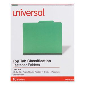 (UNV10202)UNV 10202 – Bright Colored Pressboard Classification Folders, 2" Expansion, 1 Divider, 4 Fasteners, Letter Size, Emerald Green, 10/Box by UNIVERSAL OFFICE PRODUCTS (10/BX)