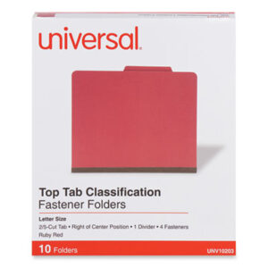 (UNV10203)UNV 10203 – Bright Colored Pressboard Classification Folders, 2" Expansion, 1 Divider, 4 Fasteners, Letter Size, Ruby Red, 10/Box by UNIVERSAL OFFICE PRODUCTS (10/BX)