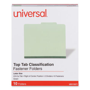 6-Section; Classification; Classification Folders; Divider; Fastener; File Folder; File Folders; Folder; Green; Letter Size; Partitioned; Pressboard; Prong Fastener; Recycled Product; Recycled Products; Sectional; UNIVERSAL; Files; Pockets; Sheaths; Organization; Classify