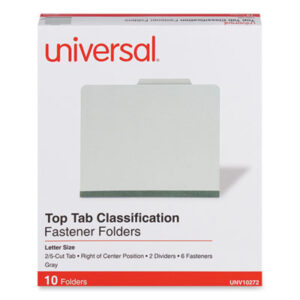 6-Section; Classification; Classification Folders; Divider; Fastener; File Folder; File Folders; Folder; Gray; Letter Size; Partitioned; Pressboard; Prong Fastener; Recycled Product; Recycled Products; Sectional; UNIVERSAL; Files; Pockets; Sheaths; Organization; Classify