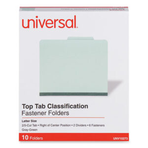(UNV10273)UNV 10273 – Six-Section Pressboard Classification Folders, 2" Expansion, 2 Dividers, 6 Fasteners, Letter Size, Gray-Green, 10/Box by UNIVERSAL OFFICE PRODUCTS (10/BX)