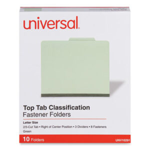 (UNV10291)UNV 10291 – Eight-Section Pressboard Classification Folders, 3" Expansion, 3 Dividers, 8 Fasteners, Letter Size, Green Exterior, 10/Box by UNIVERSAL OFFICE PRODUCTS (10/BX)