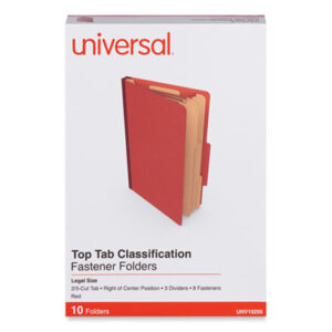 (UNV10295)UNV 10295 – Eight-Section Pressboard Classification Folders, 3" Expansion, 3 Dividers, 8 Fasteners, Legal Size, Red Exterior, 10/Box by UNIVERSAL OFFICE PRODUCTS (10/BX)