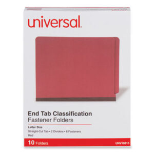 (UNV10315)UNV 10315 – Red Pressboard End Tab Classification Folders, 2" Expansion, 2 Dividers, 6 Fasteners, Letter Size, Red Exterior, 10/Box by UNIVERSAL OFFICE PRODUCTS (10/BX)