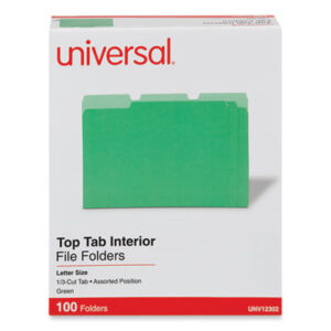 (UNV12302)UNV 12302 – Interior File Folders, 1/3-Cut Tabs: Assorted, Letter Size, 11-pt Stock, Green, 100/Box by UNIVERSAL OFFICE PRODUCTS (100/BX)