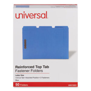 (UNV13521)UNV 13521 – Deluxe Reinforced Top Tab Fastener Folders, 0.75" Expansion, 2 Fasteners, Letter Size, Blue Exterior, 50/Box by UNIVERSAL OFFICE PRODUCTS (50/BX)