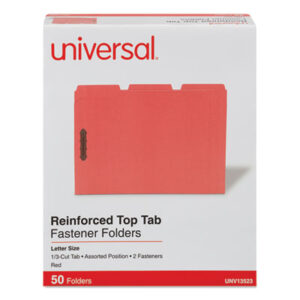 (UNV13523)UNV 13523 – Deluxe Reinforced Top Tab Fastener Folders, 0.75" Expansion, 2 Fasteners, Letter Size, Red Exterior, 50/Box by UNIVERSAL OFFICE PRODUCTS (50/BX)