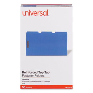(UNV13525)UNV 13525 – Deluxe Reinforced Top Tab Fastener Folders, 0.75" Expansion, 2 Fasteners, Legal Size, Blue Exterior, 50/Box by UNIVERSAL OFFICE PRODUCTS (50/BX)