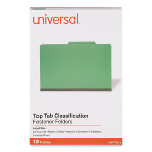 (UNV10312)UNV 10312 – Bright Colored Pressboard Classification Folders, 2" Expansion, 2 Dividers, 6 Fasteners, Legal Size, Emerald Green, 10/Box by UNIVERSAL OFFICE PRODUCTS (10/BX)