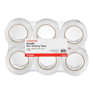 (UNV53200)UNV 53200 – Deluxe General-Purpose Acrylic Box Sealing Tape, 2 mil, 3" Core, 1.88" x 109 yds, Clear, 6/Pack by UNIVERSAL OFFICE PRODUCTS (6/PK)