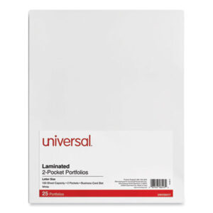 (UNV56417)UNV 56417 – Laminated Two-Pocket Portfolios, Cardboard Paper, 100-Sheet Capacity, 11 x 8.5, White, 25/Box by UNIVERSAL OFFICE PRODUCTS (25/PK)