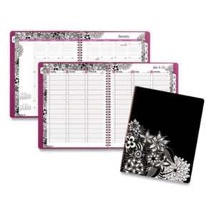 (AAG589905)AAG 589905 – Floradoodle Weekly/Monthly Professional Planner, Adult Coloring Artwork, 11 x 8.5, Black/White Cover, 12-Month (Jan-Dec):2024 by MEAD PRODUCTS (1/EA)