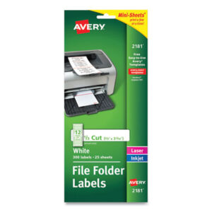 2/3 x 3-7/16; All-Purpose; File Folder; File Folder Labels; Inkjet; Label; Labels; Laser; Laser Printer; Mini-Sheets; Permanent; Self-Adhesive; White; Identifications; Classifications; Stickers; Shipping; Receiving; Mailrooms; AVERY; AVE02181