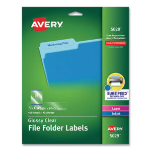 Clear; File Folder Labels; Inkjet; Labels; Laser Printer; Self-Adhesive; Identifications; Classifications; Stickers; Shipping; Receiving; Mailrooms; AVERY