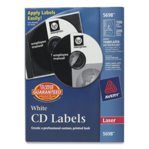 AVERY; CD-ROM; CDs; Computer Printer; Computers; DVDs; Electronic Media; Labels; Laser Printer; Matte; Media; Media Label; White; Stickers; Classifications; Identifications; Discs; Duplication; Replication; Burns; AVE05698