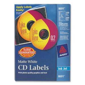 AVERY; CD-ROM; CDs; Computer Printer; Computers; DVDs; Electronic Media; Inkjet Printer; Labels; Matte; Media; Media Label; White; Stickers; Classifications; Identifications; Discs; Duplication; Replication; Burns