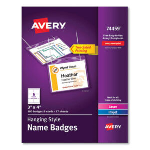 AVERY; Badge Holders; Badges; Convention Badge; Hanging; Holder; Identification; Identification Tag; Inkjet Printer; Laser Printer; Name; Name Badge Holder; Name Badges; Name Tag; Name Tag Kit; Neck-Hanging Style; Visitor Badges; Security; Passes; Pass-cards; Tags