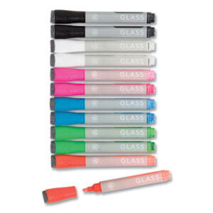 (UBR2913U0012)UBR 2913U0012 – Bullet Tip Low-Odor Liquid Glass Markers with Erasers, Broad Bullet Tip, Assorted Colors, 12/Pack by U BRANDS (12/PK)