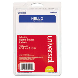 (UNV39105)UNV 39105 – Hello Self-Adhesive Name Badges, 3.5 x 2.25, White/Blue, 100/Pack by UNIVERSAL OFFICE PRODUCTS (100/PK)