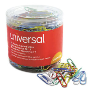 (UNV95001)UNV 95001 – Plastic-Coated Paper Clips with One-Compartment Dispenser Tub, #1, Assorted Colors, 500/Pack by UNIVERSAL OFFICE PRODUCTS (500/PK)