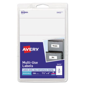 150 Labels per Pack; 4 x 1-1/2; All Purpose Labels; All-Purpose; Label; Labels; Multipurpose; Rectangular; Removable; Removable Labels; Self-Adhesive; White; Identifications; Classifications; Stickers; Shipping; Receiving; Mailrooms; AVERY