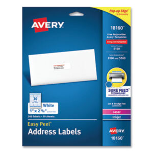 1 x 2 5/8; Address; Inkjet Printer; Inkjet Printers; Label; Labels; Mailing; White; Identifications; Classifications; Stickers; Shipping; Receiving; Mailrooms; AVERY