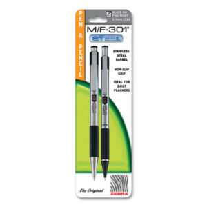 (ZEB57011)ZEB 57011 – M/F 301 Stainless Steel Retractable Pen and Pencil Set, 0.7 mm Black Pen, 0.5 mm HB Pencil, Stainless Steel Barrels by ZEBRA PEN CORP. (1/ST)