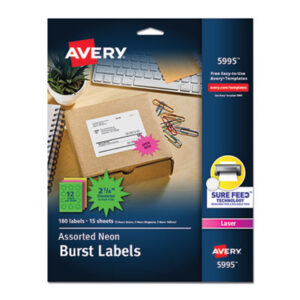 2-1/4" Diameter; All-Purpose; Label; Labels; Laser; Laser Printer; Permanent; Self-Adhesive; Fluorescent; Assorted; Burst; Identifications; Classifications; Stickers; Shipping; Receiving; Mailrooms; AVERY