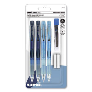 (UBC70150)UBC 70150 – Chroma Mechanical Pencils with Tube of Lead/Erasers, 0.7 mm, HB (#2), Black Lead, Assorted Barrel Colors, 4/Set by UNI (1/ST)