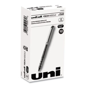 (UBC1734903)UBC 1734903 – VISION Needle Roller Ball Pen, Stick, Fine 0.7 mm, Black Ink, Gray/Clear/Black Barrel, Dozen by UNI (12/DZ)