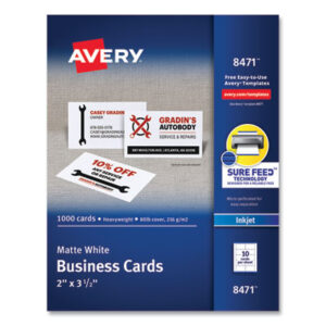 2 x 3-1/2 Card Size; AVERY; Business Cards; Card Stock; Cards; Inkjet; Inkjet Printer; Paper; White; Marketing; Networking; Calling-Cards; Self-Promote; Contact-Information; Promotion