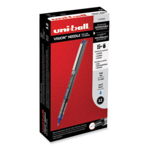 (UBC1734904)UBC 1734904 – VISION Needle Roller Ball Pen, Stick, Fine 0.7 mm, Blue Ink, Gray/Clear/Blue Barrel, Dozen by UNI (12/DZ)