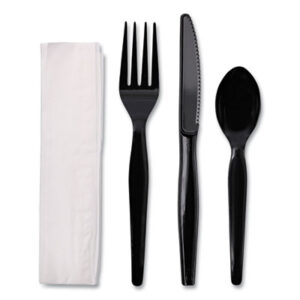 (BWKFKTNHWPSBLA)BWK FKTNHWPSBLA – Four-Piece Cutlery Kit, Fork/Knife/Napkin/Teaspoon, Heavyweight, Black, 250/Carton by BOARDWALK (250/CT)
