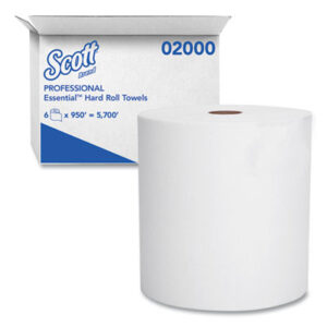 6 Rolls per Carton; 8" x 950-ft.; Bathroom Supplies; Janitorial Supplies; KIMBERLY-CLARK; Paper Goods/Dispensers; Paper Towel; Recycled Product; Recycled Products; Towel; Towels; Towels & Dispensers; Washroom Supplies; White; Hard Roll Towels; Roll Towels; Nonperforated Paper Towels; Nonperforated Hard Roll Towels; SCOTT; High-Capacity Hard Roll Towels; Sponges; Swabs; Cloths; Towelettes; Drying Materials; Jan/San; Janitorial; Maintenance; Cleaning