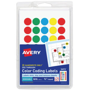 1015 Labels per Pack; 3/4" Diameter; Assorted Colors; Color-Coding; Dot; Dots; Label; Labels; Removable; Removable Labels; Round; Self-Adhesive; Identifications; Classifications; Stickers; Shipping; Receiving; Mailrooms; AVERY