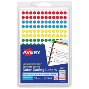 1/4" Diameter; 768 Labels per Pack; Assorted Colors; Color-Coding; Dot; Dots; Label; Labels; Removable; Removable Labels; Round; Self-Adhesive; Identifications; Classifications; Stickers; Shipping; Receiving; Mailrooms; AVERY