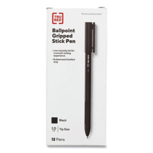 (TUD24328148)TUD 24328148 – Gripped Ballpoint Pen, Stick, Medium 1 mm, Black Ink, Black Barrel, Dozen by TRU RED (12/DZ)