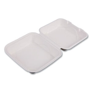 Compostable 8" Clamshell; To Go Containers; Square Takeout Food Box; Renewable Molded Fiber; Microwaveable & Freezable; Grease & Cut Resistant