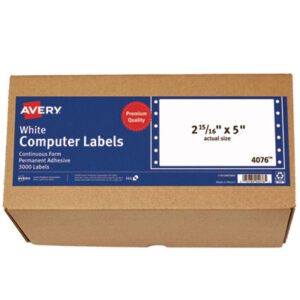 3000 Labels per Box; 5 x 2-15/16; Address; Address Labels; Continuous Feed; Dot Matrix Printer; Dot Matrix Printer Label; Dot Matrix Printer Labels; Label; Labels; Mailing; Mailing Label; Permanent Labels; Pin-Fed; Postal; Self-Adhesive Labels; Shipping Label; White; Identifications; Classifications; Stickers; Shipping; Receiving; Mailrooms; AVERY