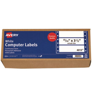 3-1/2 x 15/16; 5000 Labels per Box; Address; Address Labels; Continuous Feed; Dot Matrix Printer; Dot Matrix Printer Label; Dot Matrix Printer Labels; Label; Labels; Mailing; Mailing Label; Permanent Labels; Pin-Fed; Postal; Self-Adhesive Labels; Shipping Label; White; Identifications; Classifications; Stickers; Shipping; Receiving; Mailrooms; AVERY