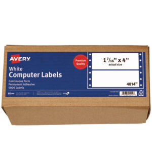 4 x 1-7/16; 5000 Labels per Box; Address; Address Labels; Continuous Feed; Dot Matrix Printer; Dot Matrix Printer Label; Dot Matrix Printer Labels; Label; Labels; Mailing; Mailing Label; Permanent Labels; Pin-Fed; Postal; Self-Adhesive Labels; Shipping Label; White; Identifications; Classifications; Stickers; Shipping; Receiving; Mailrooms; AVERY