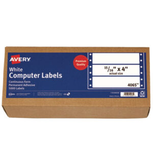 4 x 15/16; 5000 Labels per Box; Address; Address Labels; Continuous Feed; Dot Matrix Printer; Dot Matrix Printer Label; Dot Matrix Printer Labels; Label; Labels; Mailing; Mailing Label; Permanent Labels; Pin-Fed; Postal; Self-Adhesive Labels; Shipping Label; White; Identifications; Classifications; Stickers; Shipping; Receiving; Mailrooms; AVERY