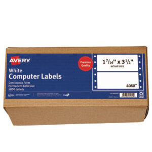 3-1/2 x 1-7/16; 5000 Labels per Box; Address; Address Labels; Continuous Feed; Dot Matrix Printer; Dot Matrix Printer Label; Dot Matrix Printer Labels; Label; Labels; Mailing; Mailing Label; Permanent Labels; Pin-Fed; Postal; Self-Adhesive Labels; Shipping Label; White; Identifications; Classifications; Stickers; Shipping; Receiving; Mailrooms; AVERY