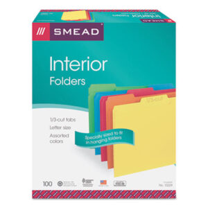 1/3 Cut Tabs; 3/4" Expansion; Assorted Colors; File Folders; Interior; Interior File Folder; Letter; Recycled; Recycled Product; SMEAD; Sleeves; Sheaths; Shells; Ordering; Storage; Files