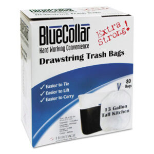 .8 Mil. Gauge; 13 Gallon; BlueCollar; Bag; Garbage; Garbage Bag; Liner; Refuse Container; Refuse Containers & Liners; Trash; Trash Bags; Waste Can Liners; Waste Liners; Waste Container; Waste Containers; Wastebasket Liner; Sacks; To-Go; Containers; Totes; Take-Out; Carry