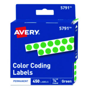 1/4" Diameter; 450 Labels per Pack; Color-Coding; Dot; Dots; Green; Label; Labels; Permanent; Round; Self-Adhesive; Identifications; Classifications; Stickers; Shipping; Receiving; Mailrooms; AVERY